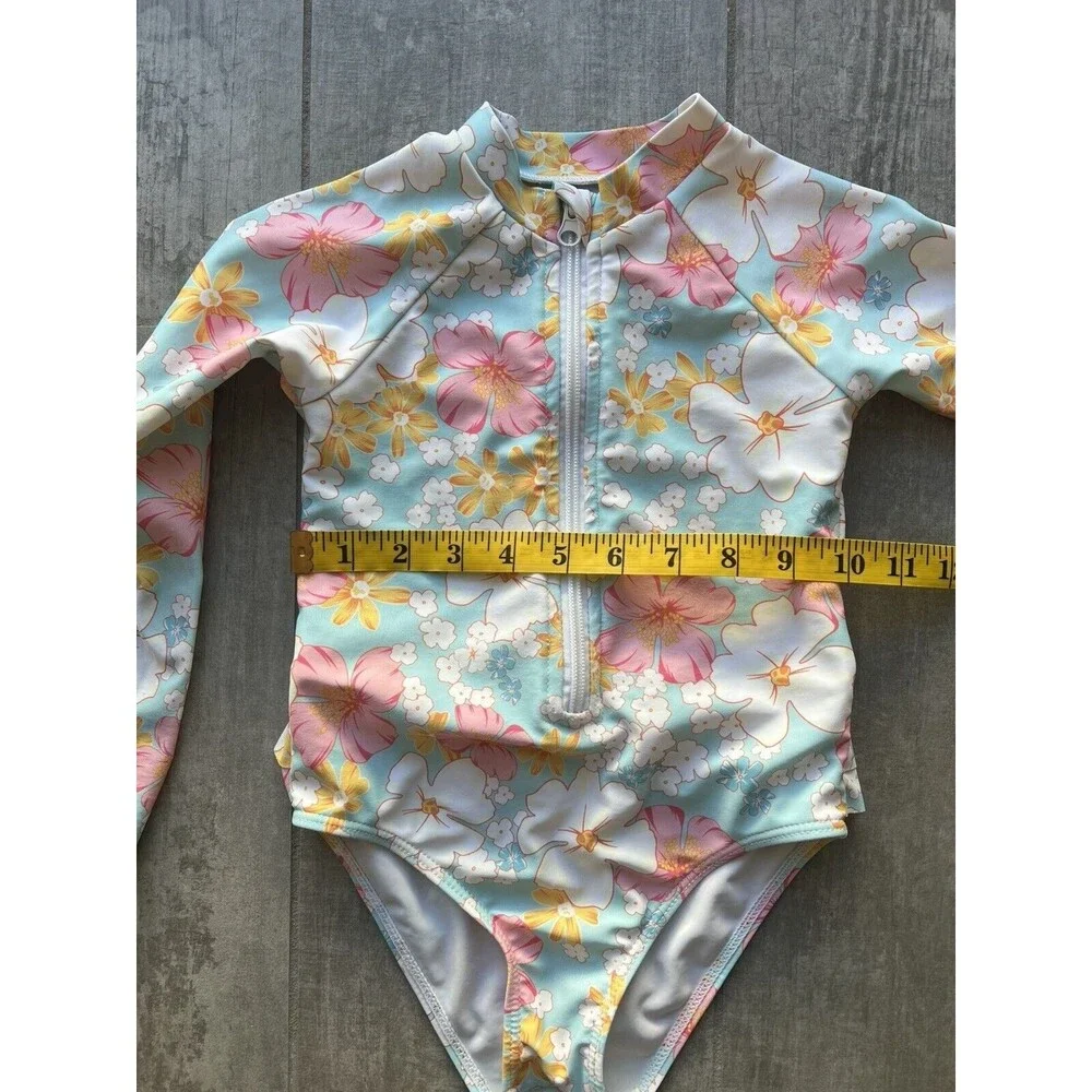 Los Angeles Boutique Girls Floral One Piece Zip Front Long Sleeve Swim Beach 4-5